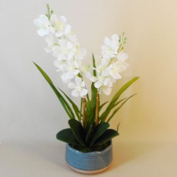 Artificial Vanda Orchid Plant in Teal Blue Ceramic Pot 57cm - ORC011 FR