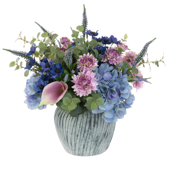 Blue And Pink Garden Flowers In Luxury Blue Vase Artificial Flower Arrangement