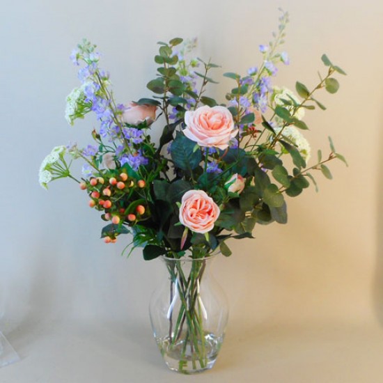 Artificial Flower Arrangement Peach Roses And Larkspur Vase