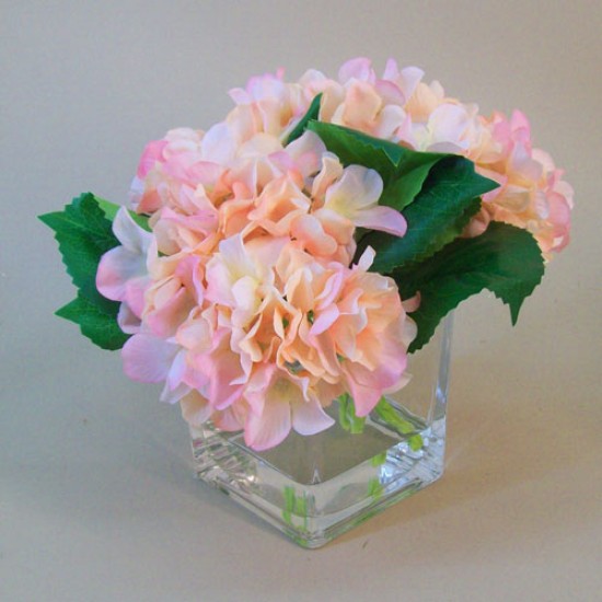 Centerpiece Arrangement | Pink Artificial Hydrangeas in Cube Vase - HYD006 6D