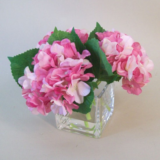 Pink Hydrangeas In Cube Vase Artificial Flower Arrangement