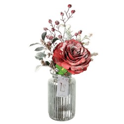 Artificial Flower Arrangements | Red Rose and Berries in Silver Vase - 17X134 FR2C