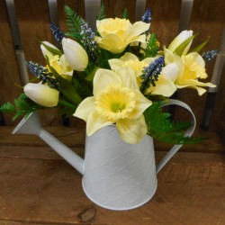 Daffodils and Tulips in White Watering Can | Artificial Flower Arrangements - DAF001 2C