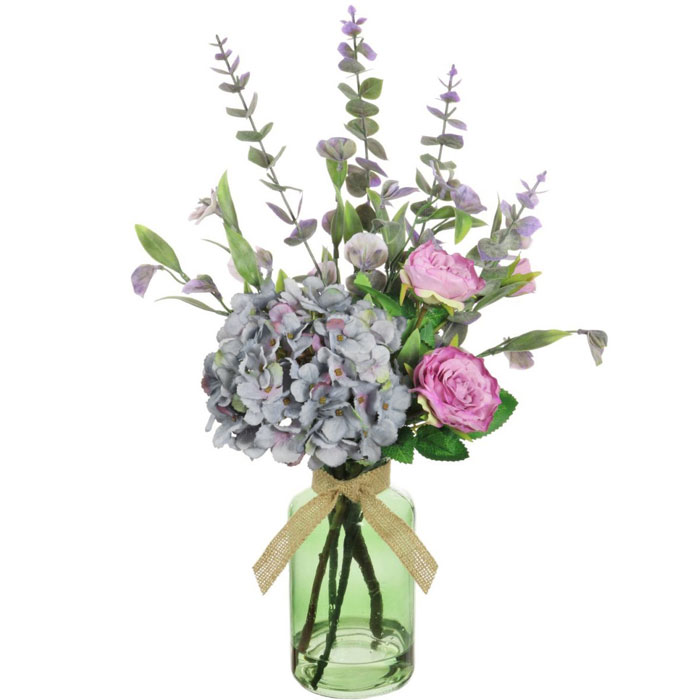 Pink Roses And Blue Hydrangeas Artificial Flower Arrangement