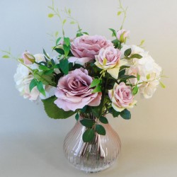 Centerpiece Arrangement | Roses and Hydrangeas in Pink Crackle Glass Vase - ROS080 7