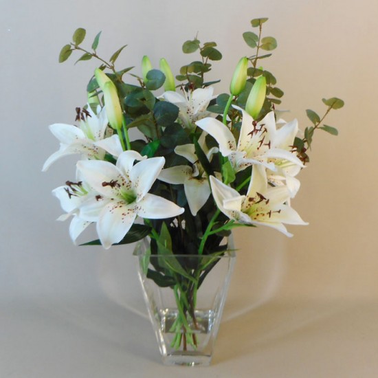 Centrepiece Arrangement | White Artificial Lilies in Square Vase - LIL030 FR