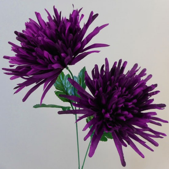 Artificial Spider Chrysanthemums Aubergine Purple with Green Leaves 64cm - S108