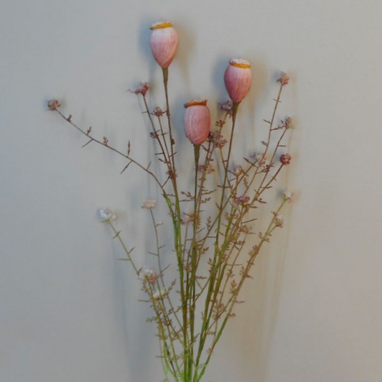 English Meadow Artificial Flowers Poppy Seed Heads Pink 53cm - P251 FF3