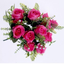Artificial Roses Bush with Gypsophila Hot Pink 42cm - R529 R1