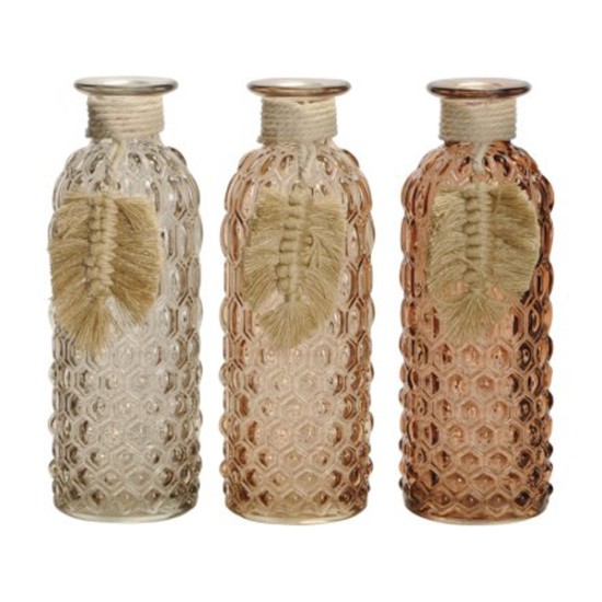 Set of 3 Glass Bottle Vases with Macrame Leaf 16.5cm - GL025