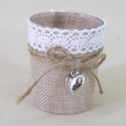 Hessian Burlap and Lace Glass Votive Candle Holder with Heart Charm - GL075 8D