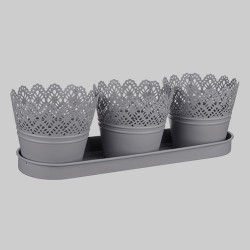 Set of Three Grey Metal Plant Pots on a Tray - TIN006 11C