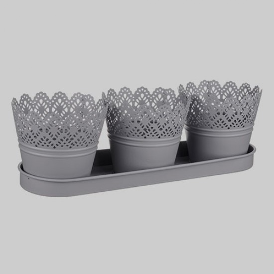 Set of Three Grey Metal Plant Pots on a Tray - TIN006 10C