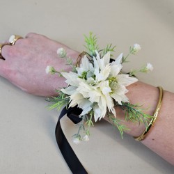 Cream Nigella and Black Ribbon Wrist Corsage - WCOR010