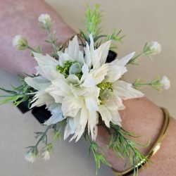 Cream Nigella and Black Ribbon Wrist Corsage - WCOR010