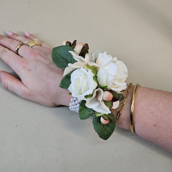 Ivory Roses and Peach Berries Wrist Corsage - WCOR016