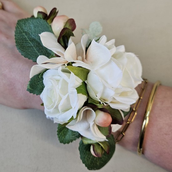 Ivory Roses and Peach Berries Wrist Corsage - WCOR016