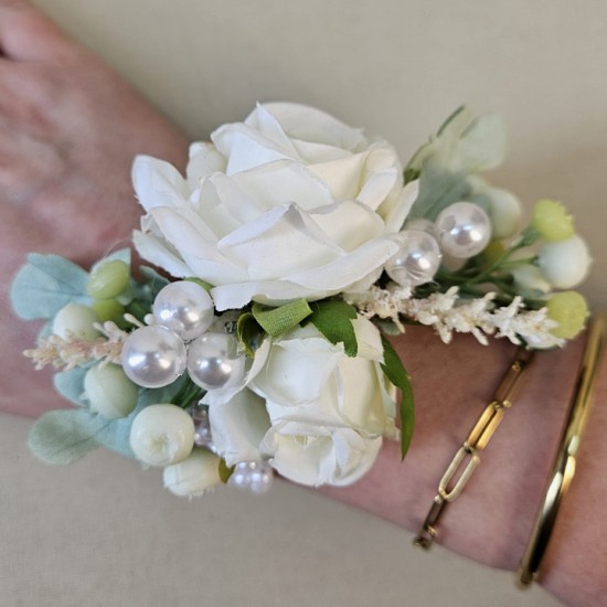 Ivory Roses and Pearls Wrist Corsage - WCOR013