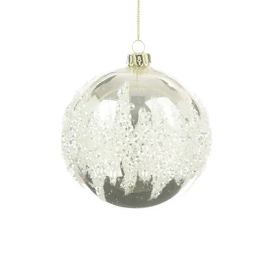 80mm Glass Glacier Christmas Baubles Silver White - 17X057