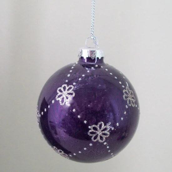 80mm Glass Christmas Baubles Rose Purple Glitter - 15X034