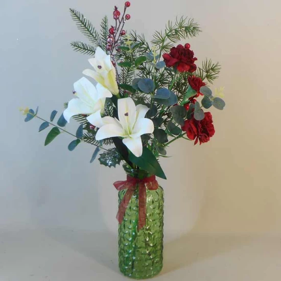 Artificial Flower Arrangements | Red Carnations in Green Bottle Vase 60cm - X22060 PR1E