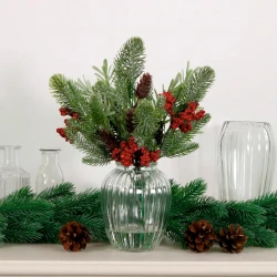 Christmas Flower Arrangements | Red Berries and Pine Cones in Ribbed Vase - X25036 PR1C