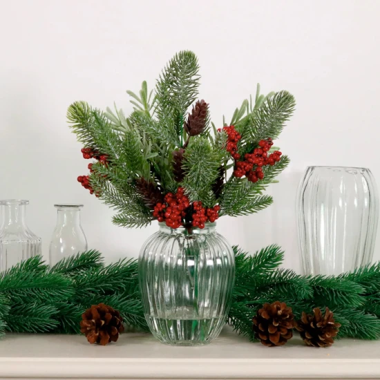 Christmas Flower Arrangements | Red Berries and Pine Cones in Ribbed Vase - X25036 PR1C