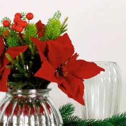Christmas Flower Arrangements | Red Poinsettias and Berries in Silver Vase - X25035 PR1C