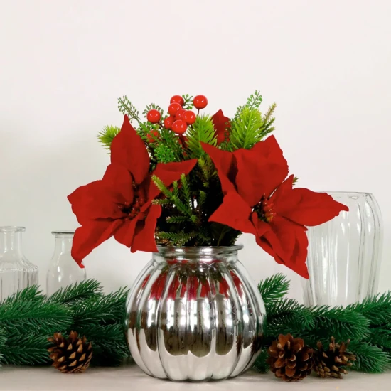 Christmas Flower Arrangements | Red Poinsettias and Berries in Silver Vase - X25035 PR1C