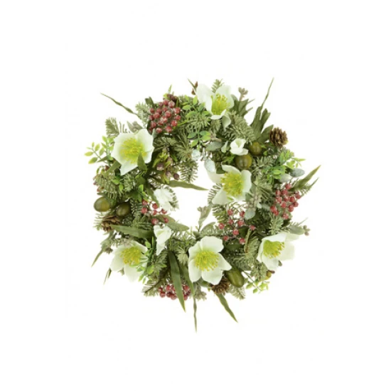 Artificial Wreath Christmas Roses Pine and Berries 28cm - X21113 BAY4B
