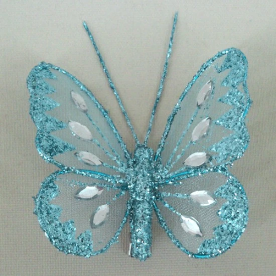8cm Gauze Butterflies on Clip (6 pack) Aqua - BF008a