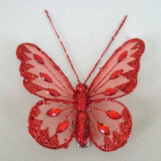 8cm Gauze Butterflies on Clip (6 pack) Red - BF007
