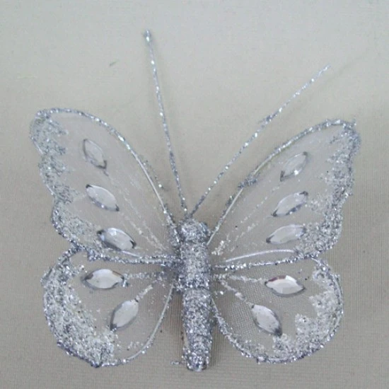 8cm Gauze Butterflies on Clip (6 pack) Silver - BF010