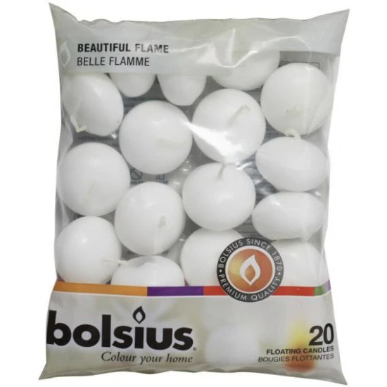 Bolsius Floating Candles White 20 Pack 45mm by 30mm 5 Hours - CAN035 2D