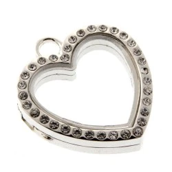 Rhinestone Locket Charm Silver Heart - CHA002