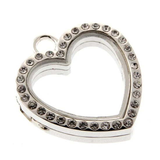 Rhinestone Locket Charm Silver Heart - CHA002