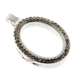 Rhinestone Locket Charm Silver Oval - CHA001