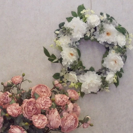 Artificial Peony Roses Wreath Cream 60cm - P123 