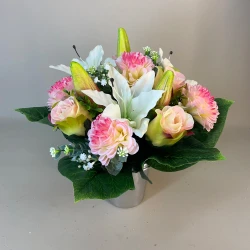 Silk Flowers Grave Pot Pink Roses and White Lilies - AG067 