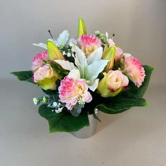 Silk Flowers Grave Pot Pink Roses and White Lilies - AG067 