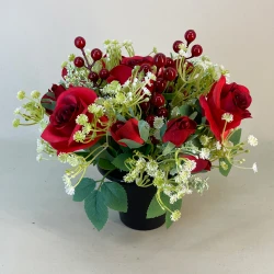 Silk Flowers Filled Grave Pot Red Roses and Berries - AG038