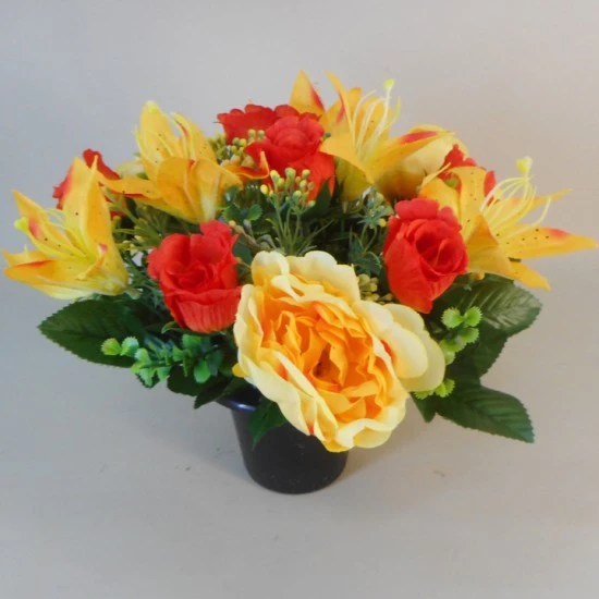 Artificial Flowers Filled Grave Pot Yellow Lilies Orange Roses - AG016