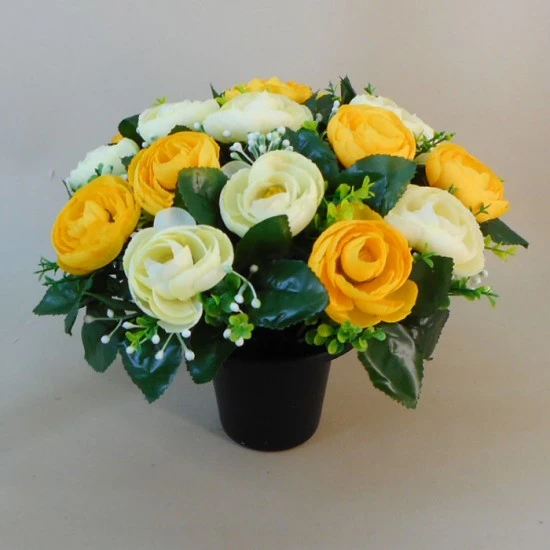 Artificial Flowers Filled Grave Pot Yellow Ranunculus - AG029