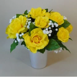 Artificial Flowers Filled Grave Pot Yellow Roses and Gypsophila - AG075