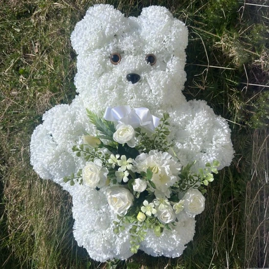 Silk Flower Memorial Teddy Bear White - AF011