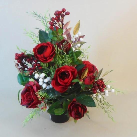 Silk Flowers Filled Grave Pot Christmas Red Roses - AG014 