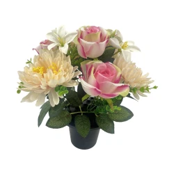 Artificial Flowers Filled Grave Pot Vase Pink Roses and Chrysanthemums - AG083