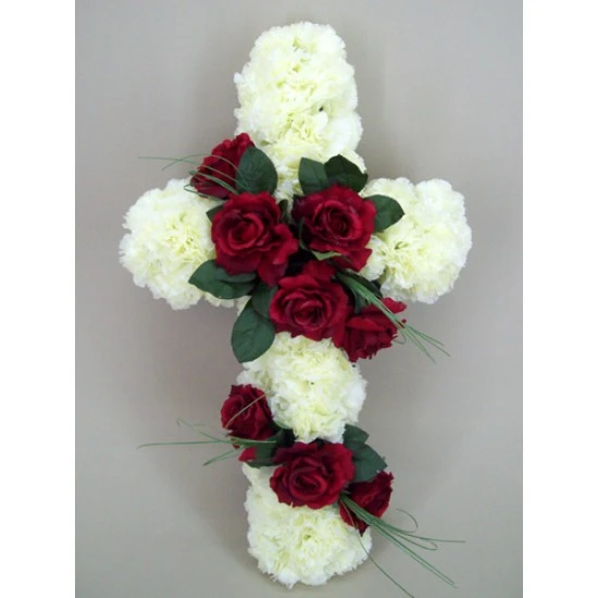 Silk Funeral Flowers Red Rose Cross - AF016