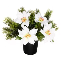 Silk Flowers Filled Grave Pot White Poinsettias and Spruce - AG057 