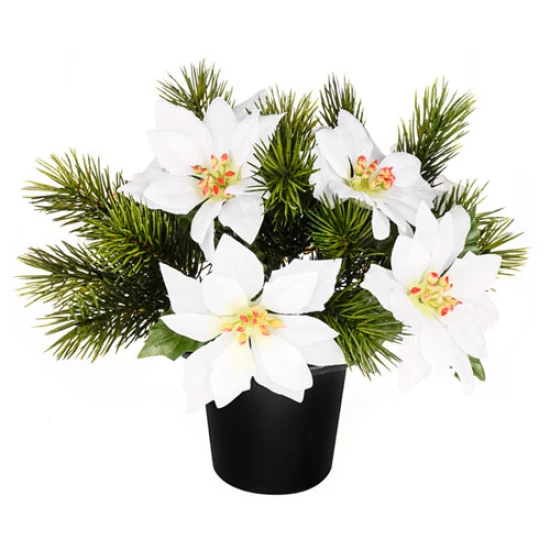 Silk Flowers Filled Grave Pot White Poinsettias and Spruce - AG057 